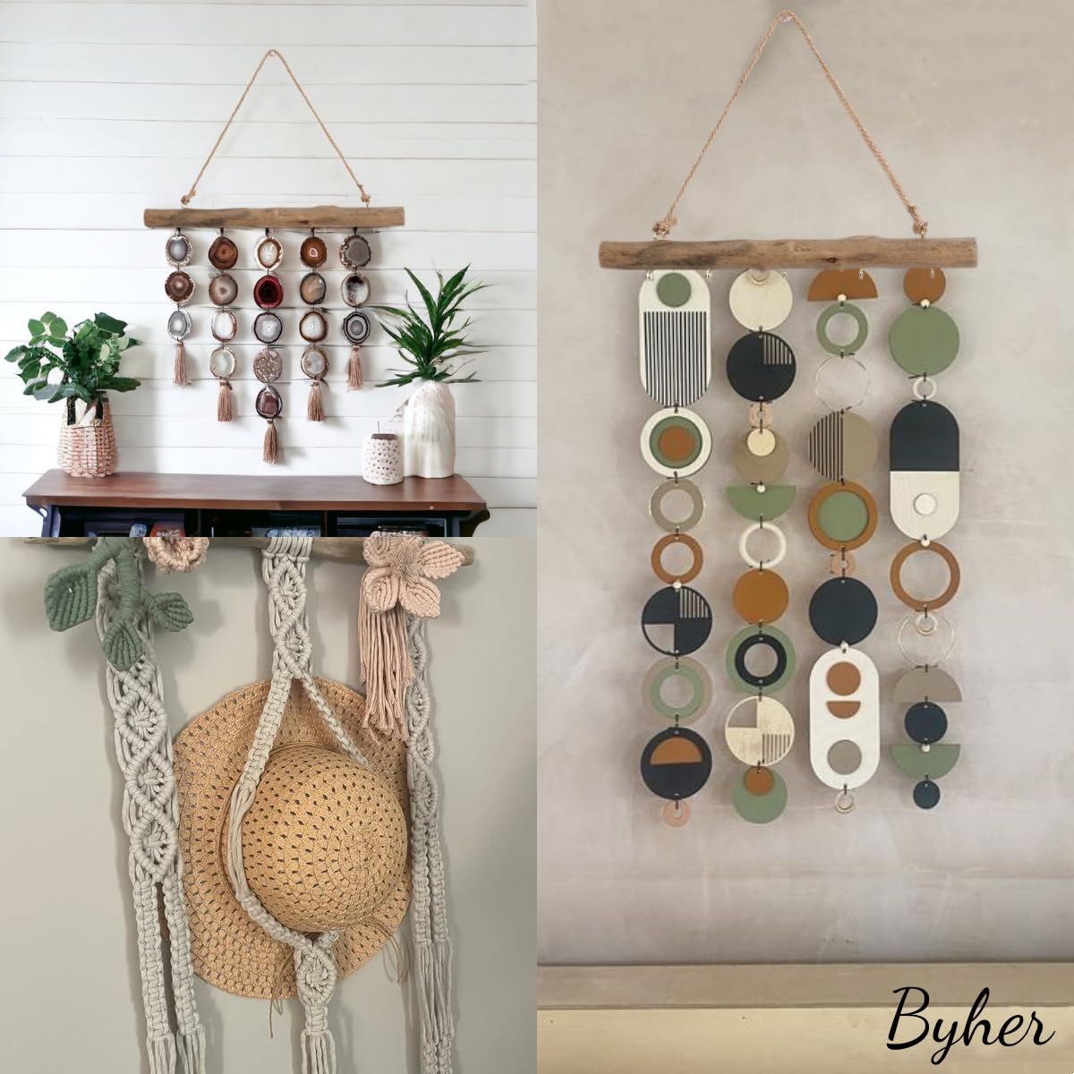 BYHER 15-Inch Driftwood Wall Hanging Jewelry Hanger - Rustic Wood Logs Hanging Branch Decor with 5 Hooks, Handcrafted from Natural Drift Wood Pieces for Crafts (Rustic)