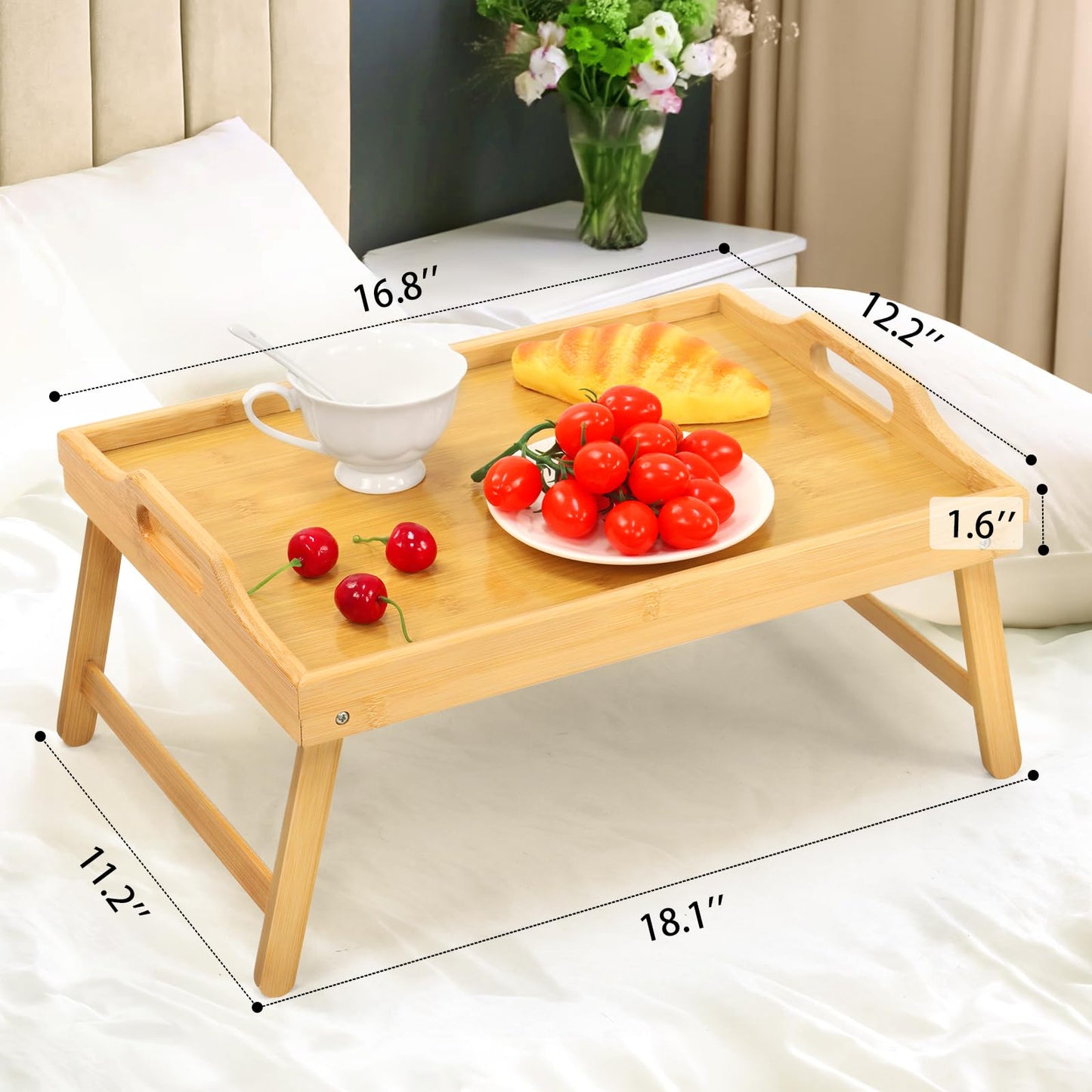 Bamboo Bed Tray Table, Folding Legs and Handles, Breakfast Tray, Laptop Desk for Bed or Sofa, Serving Tray for Eating, Working, Reading,Picnic