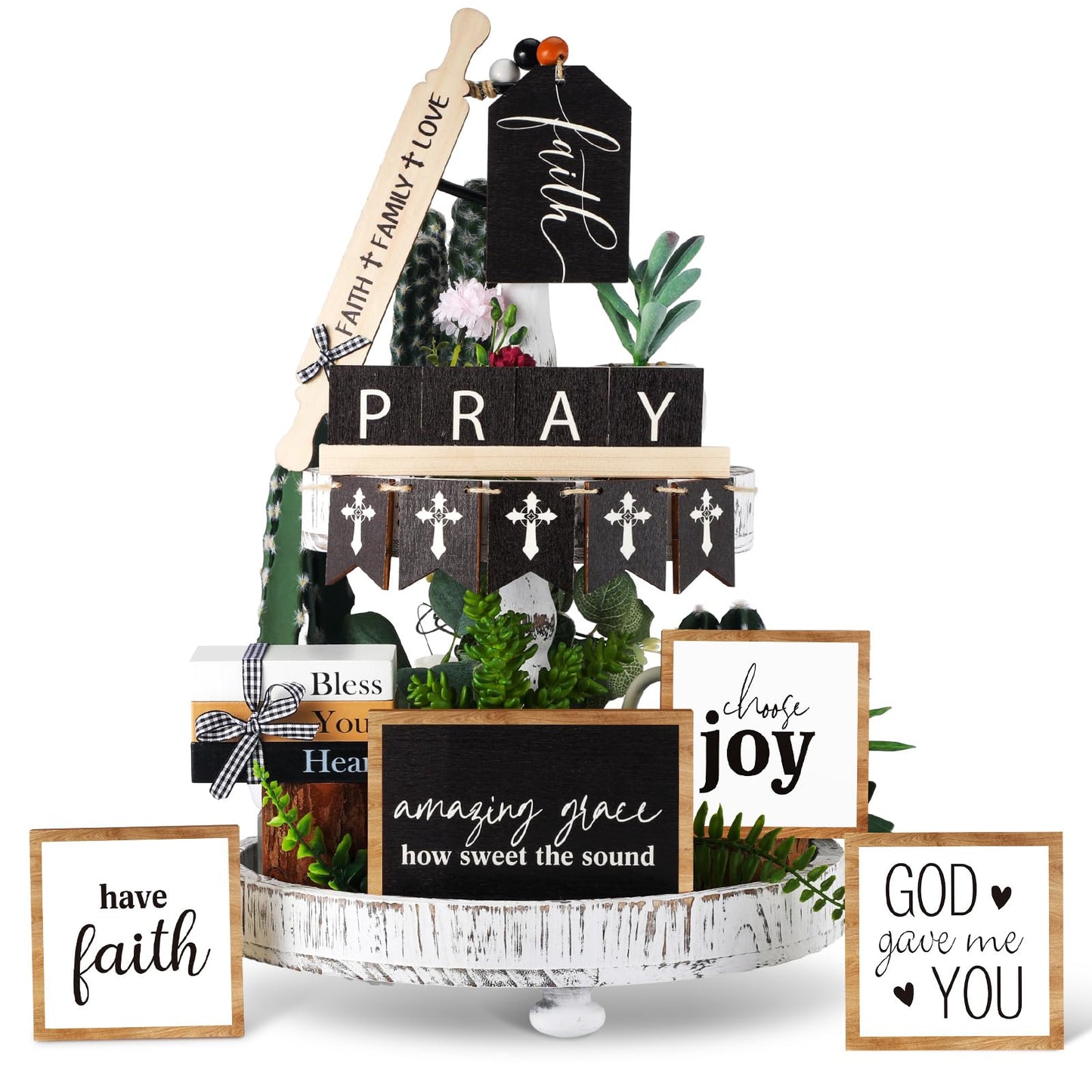 Tatuo 13 Pcs Easter Tiered Tray Decor Set Religious Wooden Table Decor Faith Christian Easter Centerpieces Decorations Rustic Farmhouse Pray Cross Wood Block Signs for Home Church Tabletop