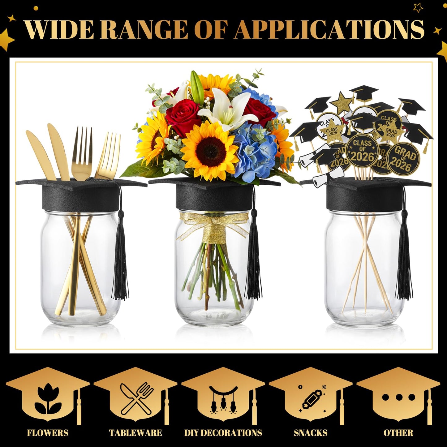 Qinyoung 6 Pcs 2026 Graduation Table Decoration Centerpiece Class of 2026 Graduation Decoration for Table Mason Jar with Grad Cap for Centerpiece Flower College High School Congrat Grad Party (Black)