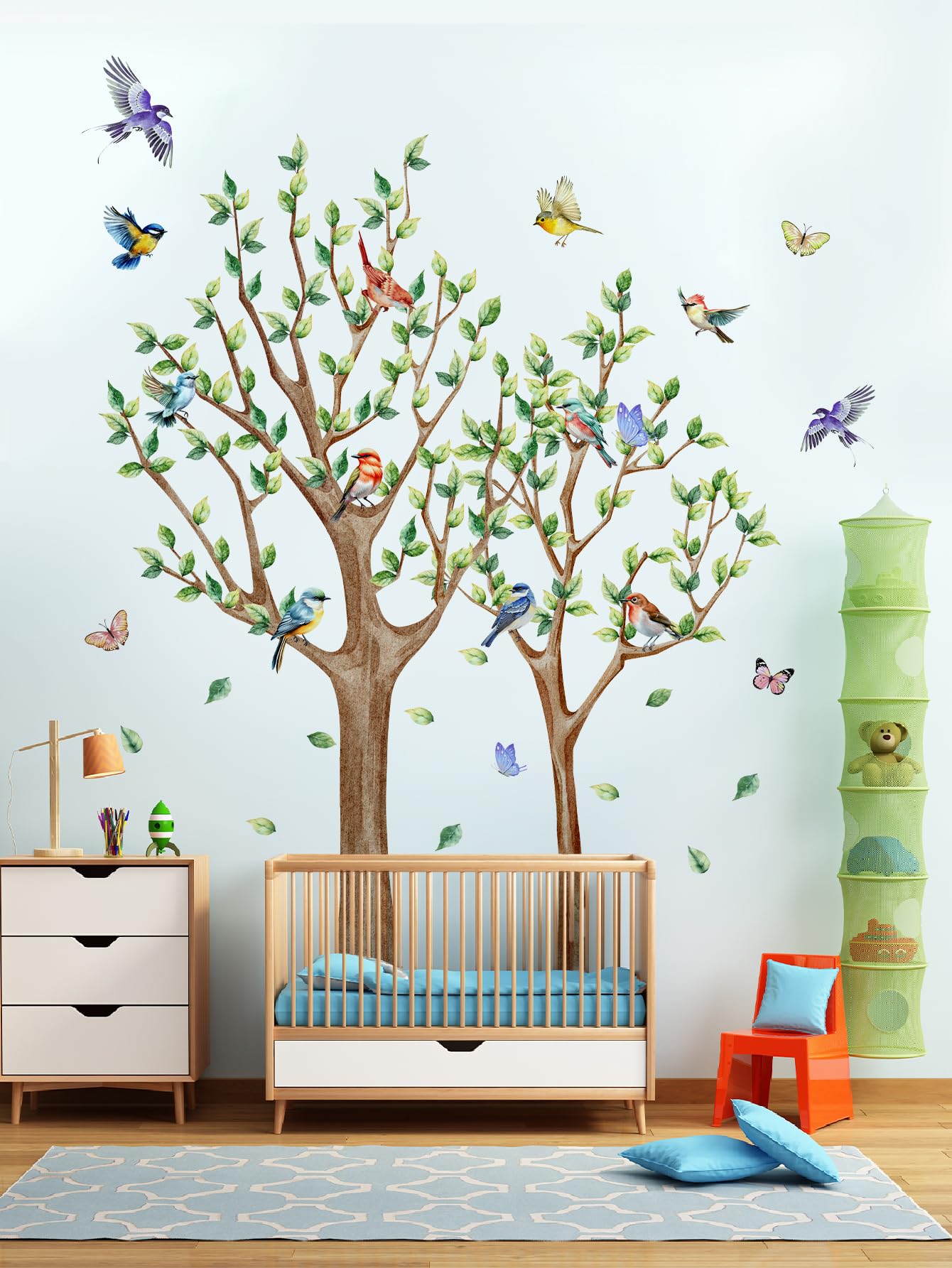 Tree Bird Wall Stickers - Green Flying Leaf Butterfly Vinyl Peel & Stick Removable Wall Art Decals Decorative for Living Room Kid Bedroom,83.54 cm x 78.79 cm