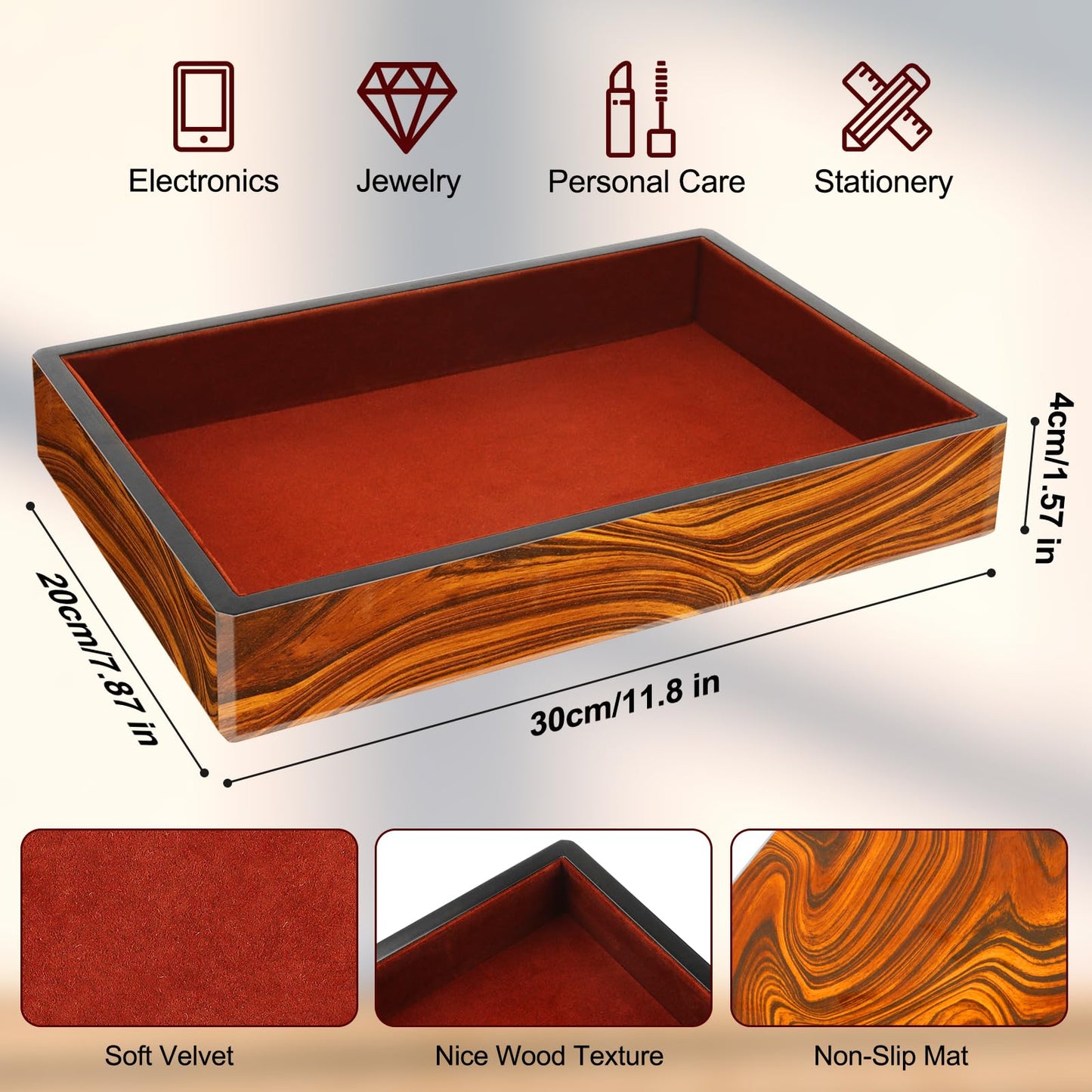 Socospace Wooden Valet Tray with Velvet Lining, EDC Desktop Catchall Organizer, Storage Tray for Jewelry, Wallets, Watches, Keys, Glasses, Perfect for Nightstand, Dresser, Entryway Bedside