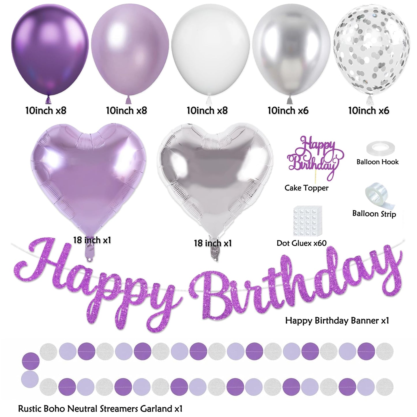 Purple Silver Birthday Party Decorations Kit with Happy Birthday Banner, Paper Lanterns, Streamers, Tissue Pom Poms, Honeycomb Flower Fans, Silver and Purple Balloons, & More for Women Girls' Party