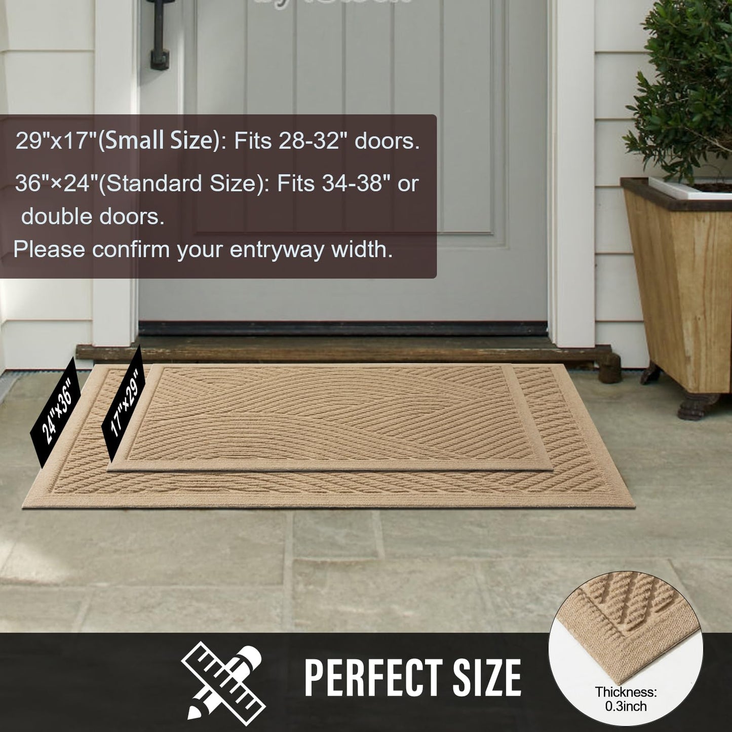HIYARD Sturdy Front Door Mat, Absorbent Muddy Dirt Resist Welcome Door Mats Outdoor Indoor, Stain and Fade Resistant, Non-Slip Backing Entry Mat Low Profile Doormat for Entryway, 29×17, Beige