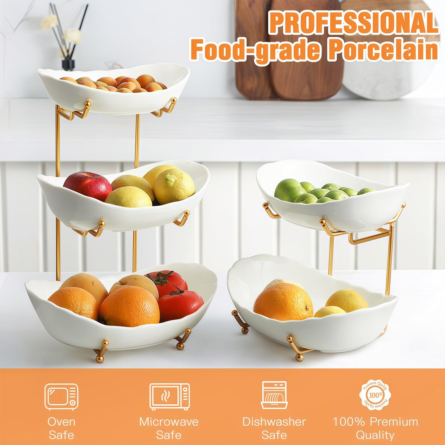 HOMKULA 2 Tier Ceramic Fruit Bowl for Kitchen Counter, Tiered Fruit Basket for Countertop, Modern Multi Layer Fruit Display Stand for Party, Cute (Gold&White, Small) 1