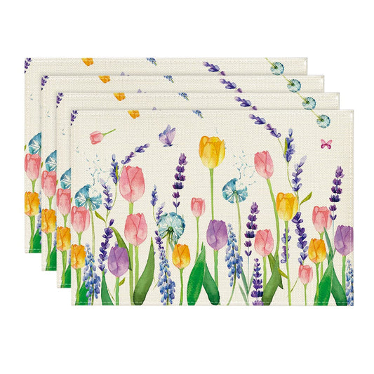 Artoid Mode Lavender Tulip Spring Placemats for Dining Table, 12 x 18 Inch Summer Seasonal Holiday Decoration Rustic Vintage Washable Table Mats Set of 4