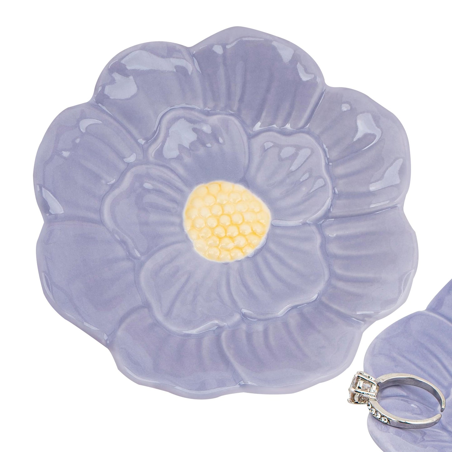 SHIDOW Ceramic Flower Jewelry Tray, Purple Blossom Trinket Dish and Ring Holder for Vanity, Nightstand or Entryway (Purple)