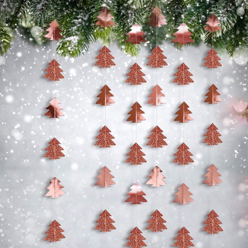 Cheerland Rose Gold Christmas Tree Garland Happy Holidays Banner Woodland Theme Party Decoration Xmas Hanging Backdrop Christmas Banner Wall Decor for Winter Birthday Party New Year Decorations