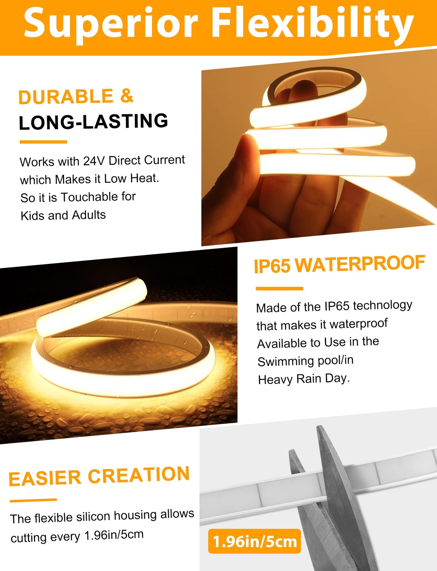 Lamomo COB LED Strip Lights Pro, 16.4Ft Warm White Dimmable Self-Adhesive Led Rope Light with Remote, Flexible Cuttable Waterproof 3000K Silicone Neon Tape Lights for Bedroom, Indoor, Outdoor,Cabinet