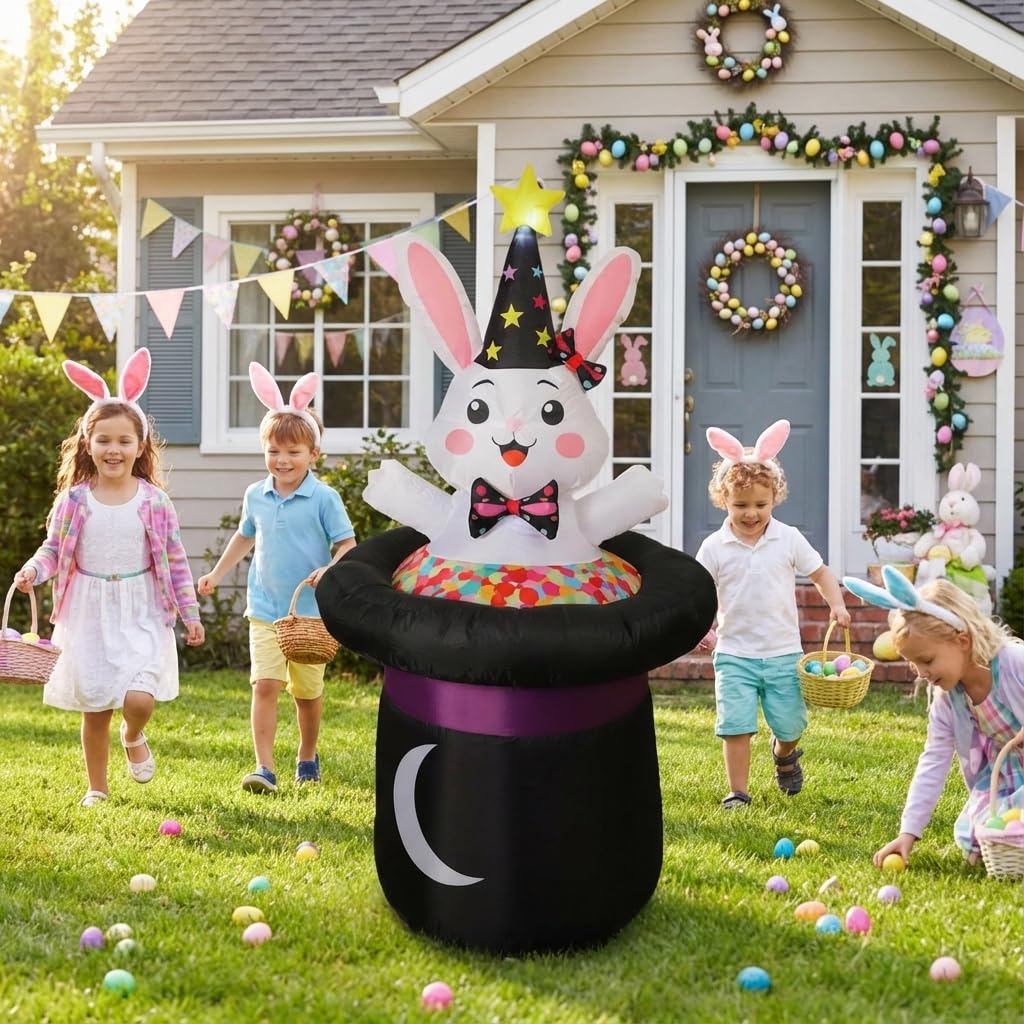IHGYT 5 Ft Inflatable Easter Bunny in Magic Hat Yard Decoration, Cute Wizard Rabbit Popping Out of Top Hat with LED Lights, Blow Up Lawn Decor for Easter, Birthday Party, Indoor Outdoor Home Garden