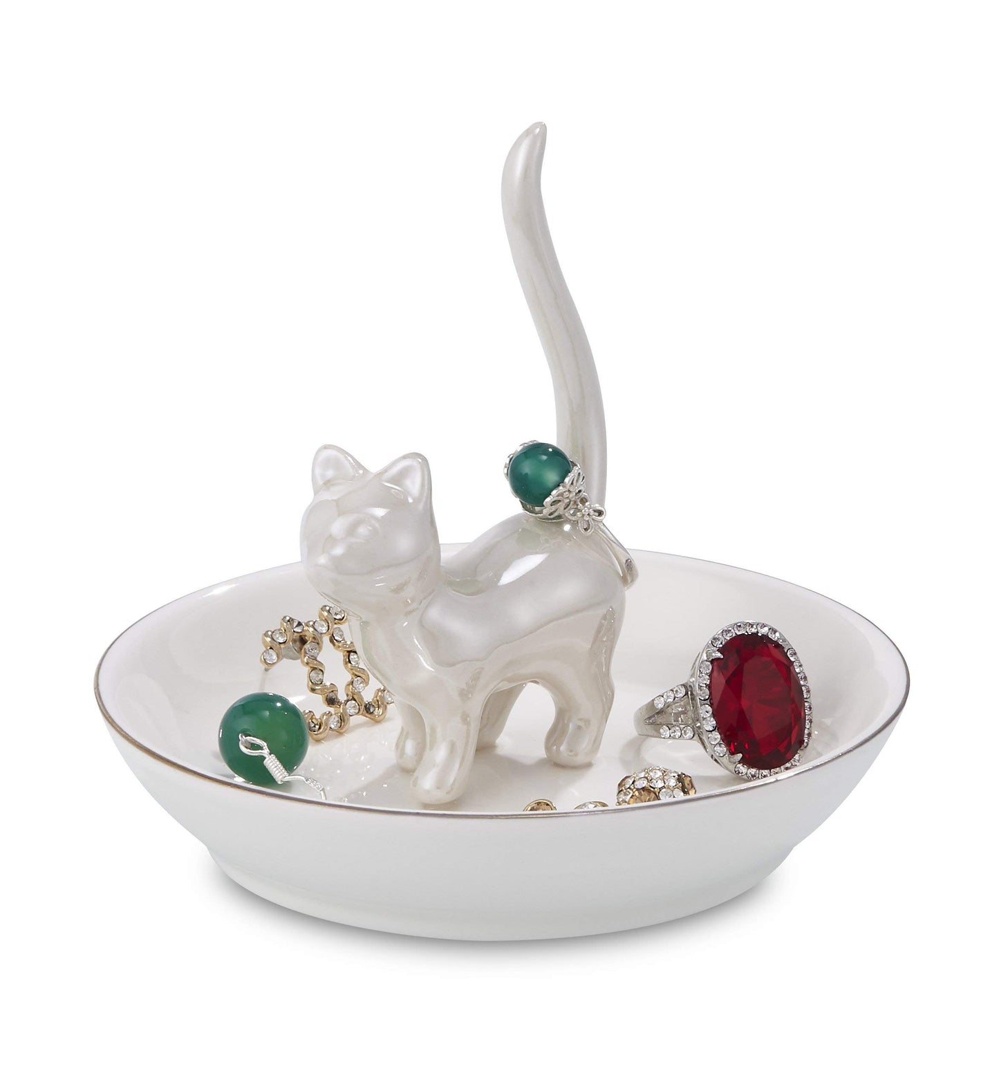 ROSA&ROSE Cat Ring Holder Trinket Tray Ceramic Jewelry Dish Decorative Ring Holder/Trinket Tray Engagement Wedding Birthday Gifts for Women Her(Pearl White)