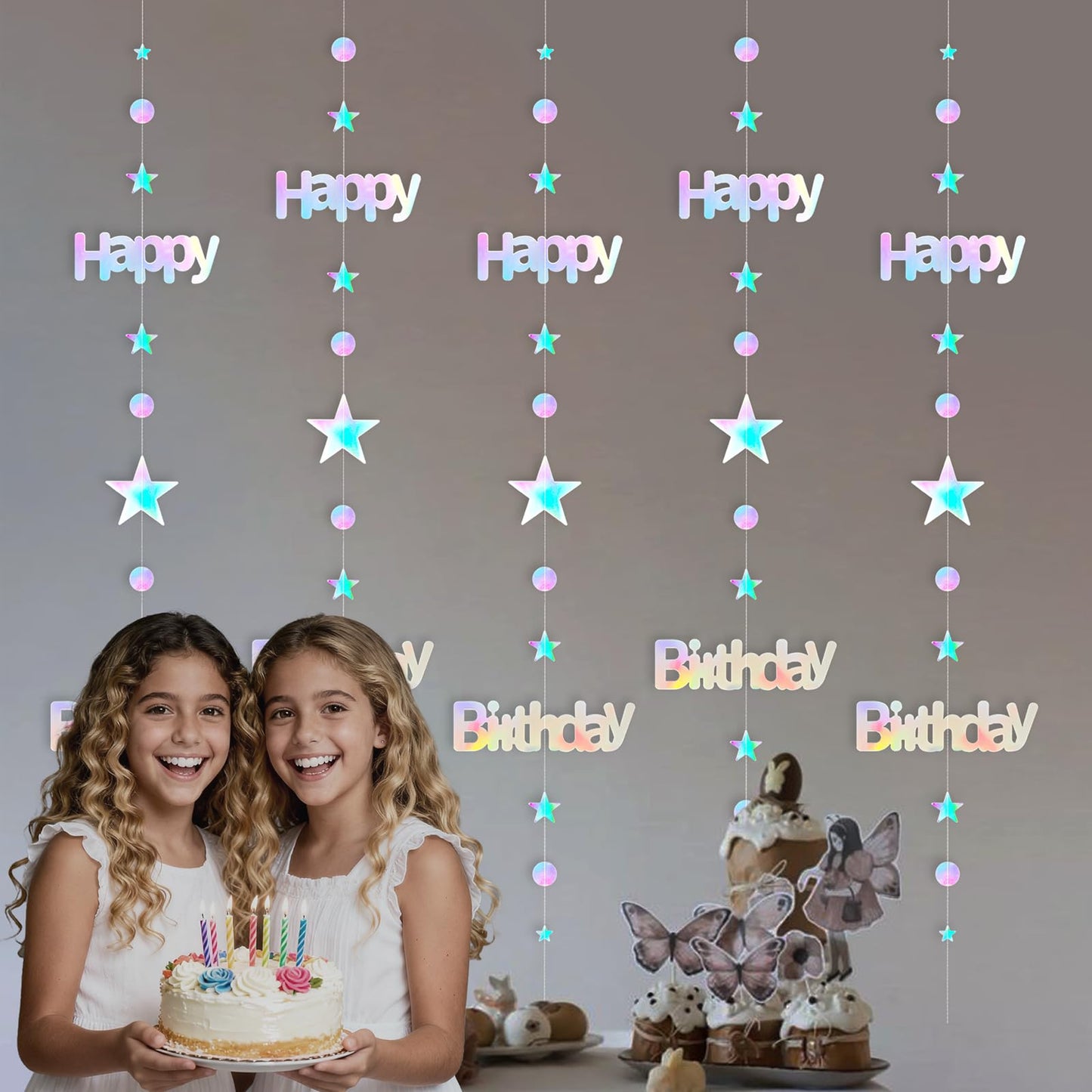 Leekryeton Happy Birthday Banner, Birthday Decorations for Women & Girls, Iridescent Holographic Star Circle Dot Garland Sign, Hanging Streamers Party Decor with Aurora Rainbow Effects