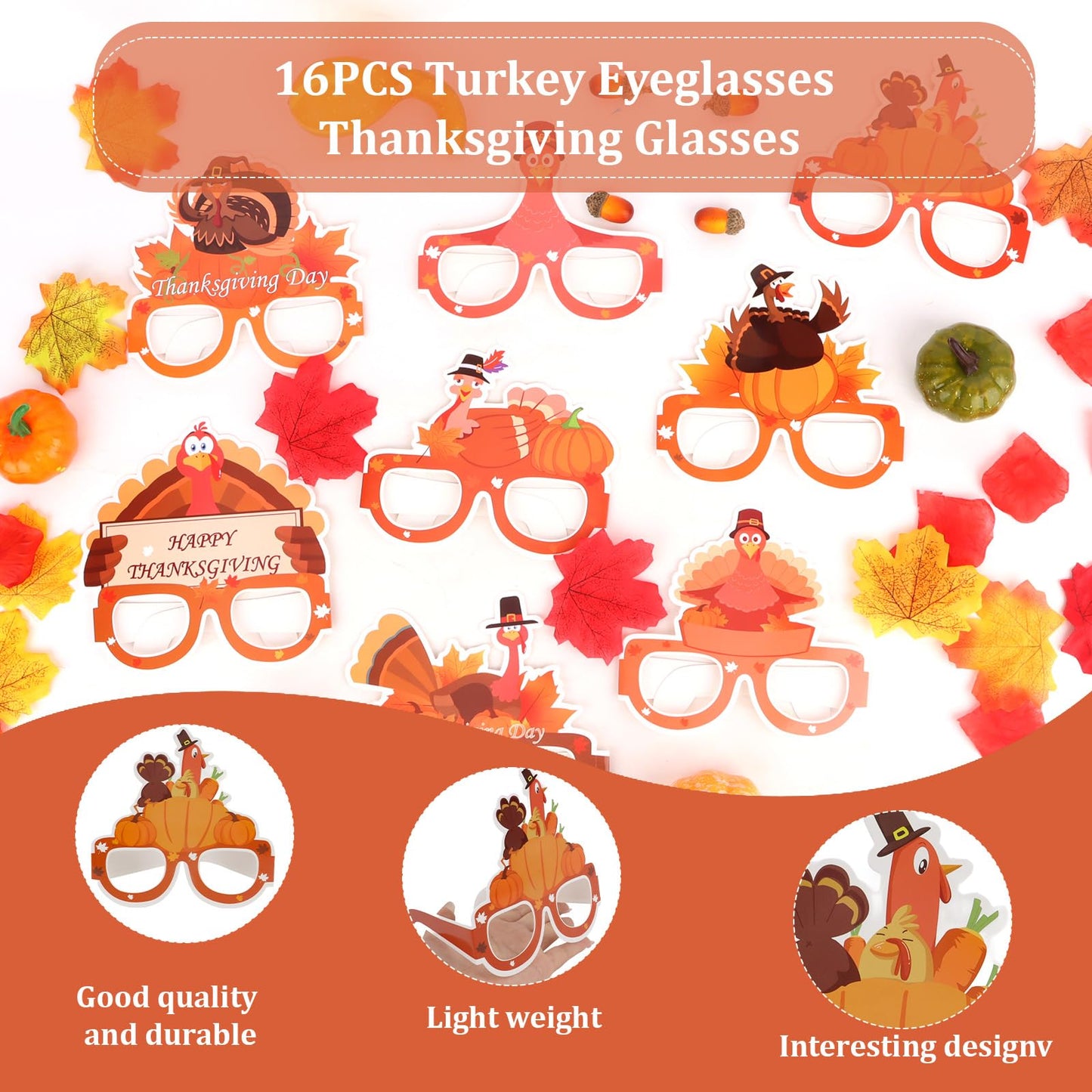 CAVETEE 16 PCS Thanksgiving Turkey Party Glasses, Novelty Thanksgiving Glasses Photo Prop for Adults, Thanksgiving Party Favors Decorations