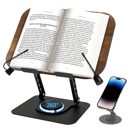 Diesisa Book Stand for Reading: Wooden Book Holder with 360° Rotating Metal Base - Adjustable Book Holder Stand with Elastic Clips for Cookbook, Recipe, Magazine, Laptop,Tablet, for Kitchen, Office
