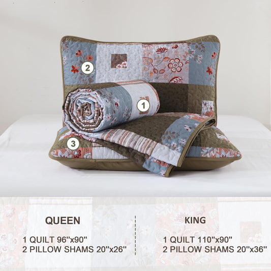 DJY Floral Patchwork Quilt Set King, 3 Pieces Brown n Blue Boho Bedspread Coverlets, Soft Cozy Microfiber Quilt Bedding Set, Floral Plaid Vintage Bedspread Bed Cover for All Season