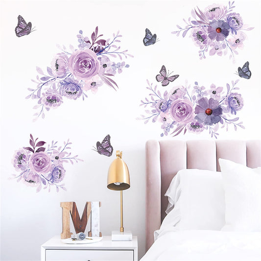 Veshur Purple Flower and Butterfly Wall Decals Floral Bouquet Watercolor Peel and Stick Removable Wall Stickers for Bedroom Living Room Office Modern Wall Art Decor
