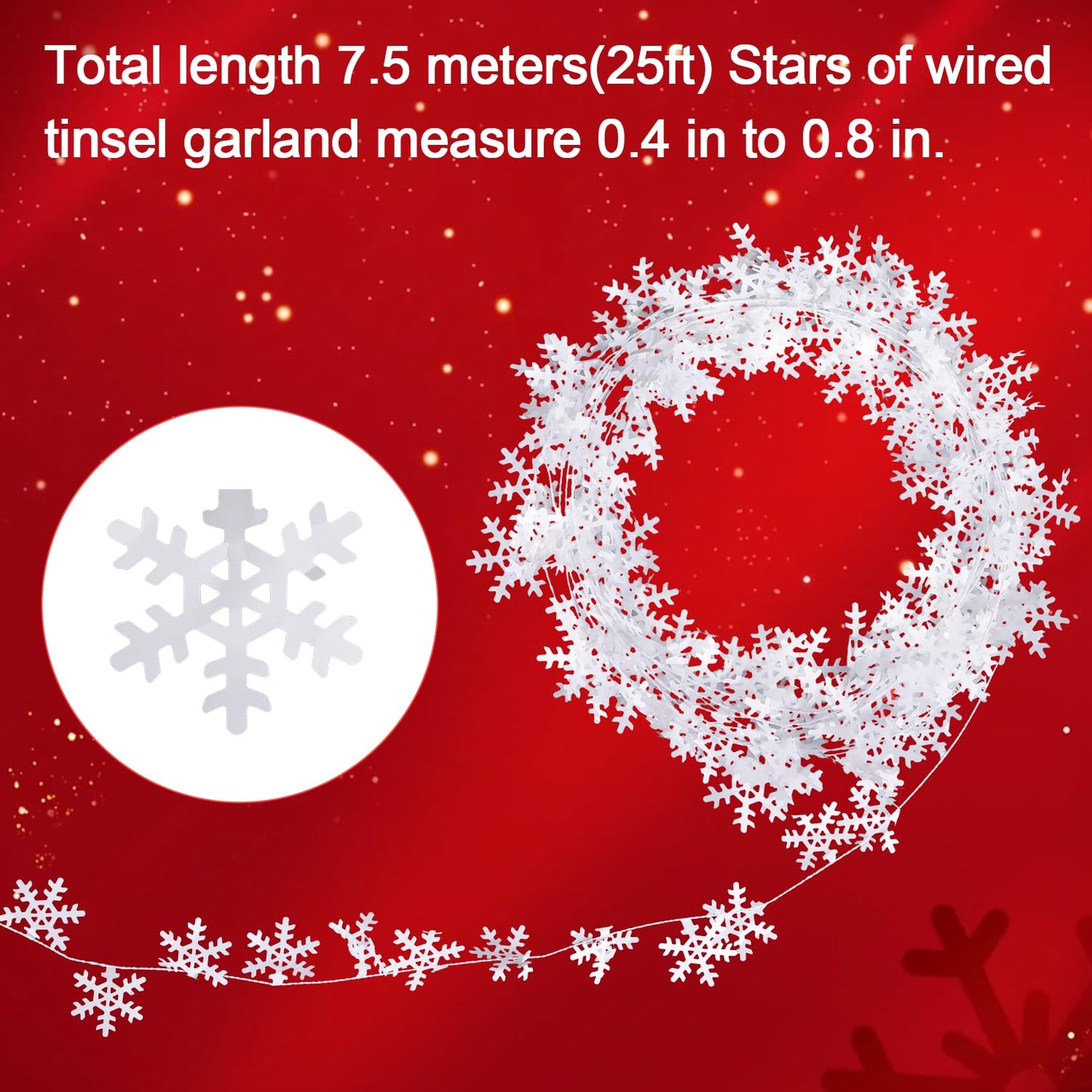 CCINEE 75 Feet Snowflake Wire Garland for Christmas Decoration, White Wired Tinsel Garlands for Xmas Tree Wreath Craft Birthday Winter Wonderland Party Ornaments 3 Roll