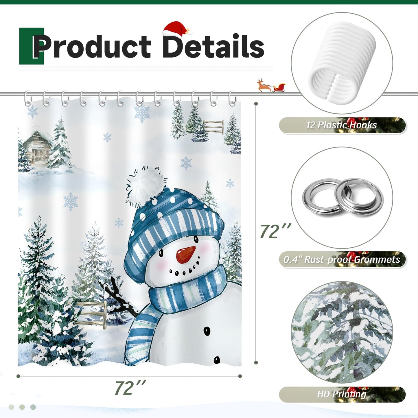 Moutina Winter Christmas Snowman Shower Curtain, Snow Snowflake Xmas New Year Holiday Winter Decor Bathroom Curtain Set - 72x72 Inch Waterproof Polyester Fabric with Hooks