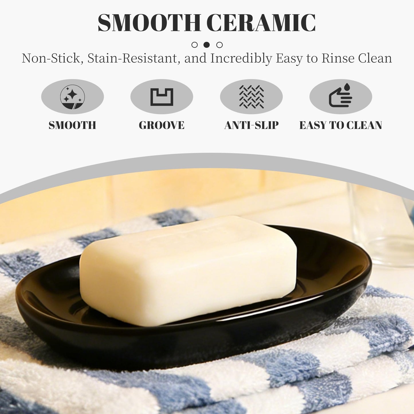 Cbrytacs Ceramic Soap Dish,with Raised Center to Keep Soap Dry - A Quick-Drying Soap Tray for Bathroom, Shower & Kitchen Sink, Decorative Organizer for Jewelry, Sponges, Keys (Black)