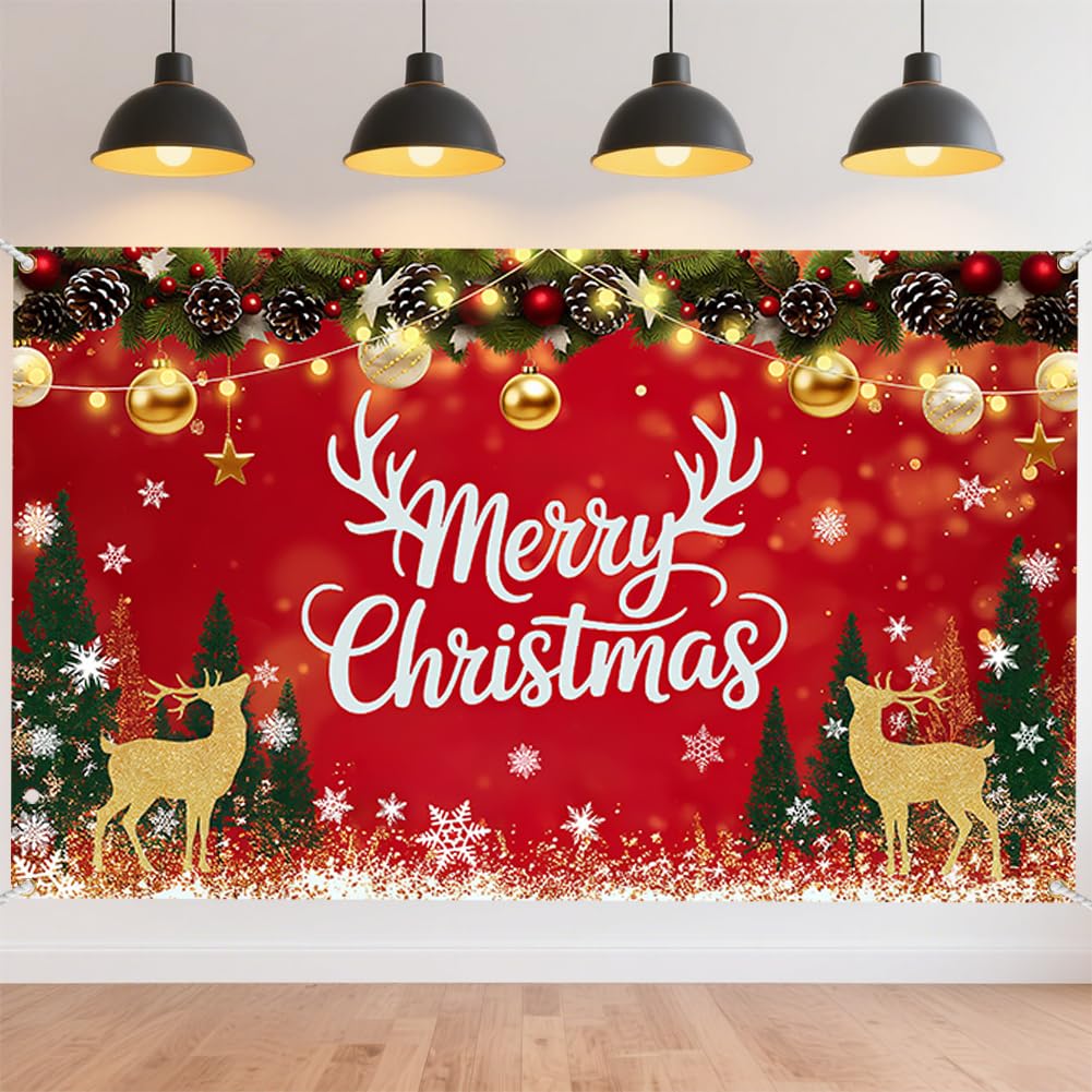 CRAFTYMELODY Large Merry Christmas Banner 70×43 Inch Red Christmas Wall Banner Santa Deer Snow Backdrop Winter Yard Sign Indoor Outdoor with Grommets 3.2 Yard String for Party Decoration Supplies