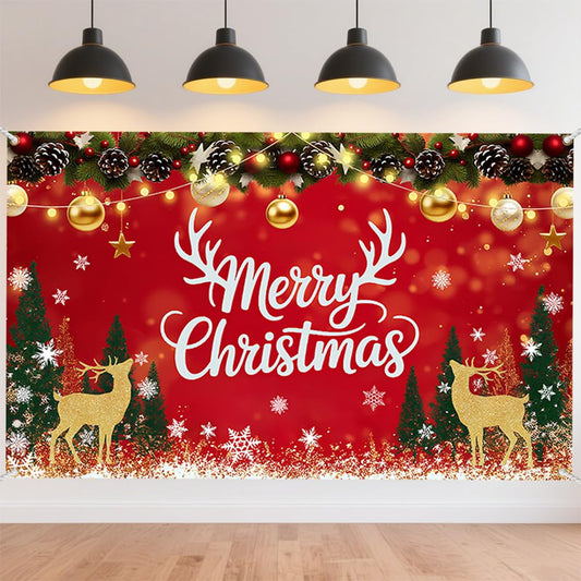 CRAFTYMELODY Large Merry Christmas Banner 70×43 Inch Red Christmas Wall Banner Santa Deer Snow Backdrop Winter Yard Sign Indoor Outdoor with Grommets 3.2 Yard String for Party Decoration Supplies