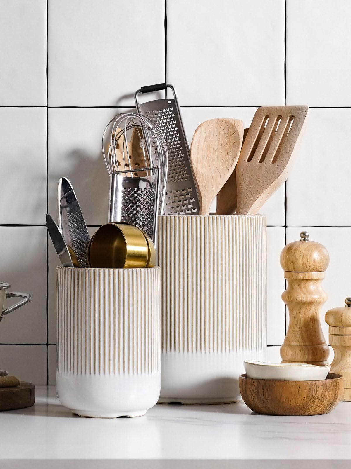 LE TAUCI Utensil Holder for Kitchen Counter, 7.3"+5.4" Fluted Ceramic Utensil Crock Organizer for Countertop, Heavy Large Holder for Spatulas, Spoons, Set of 2, Warm White Glaze