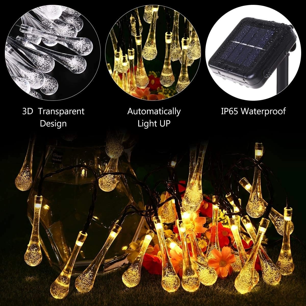 EONSMN Solar String Lights Outdoor Waterproof 19.6 Feet 30LED 8 Functions,Teardrop Water Drop Solar Lights, Garden Terrace Patio Tree Party Christmas Decoration (Warm White)