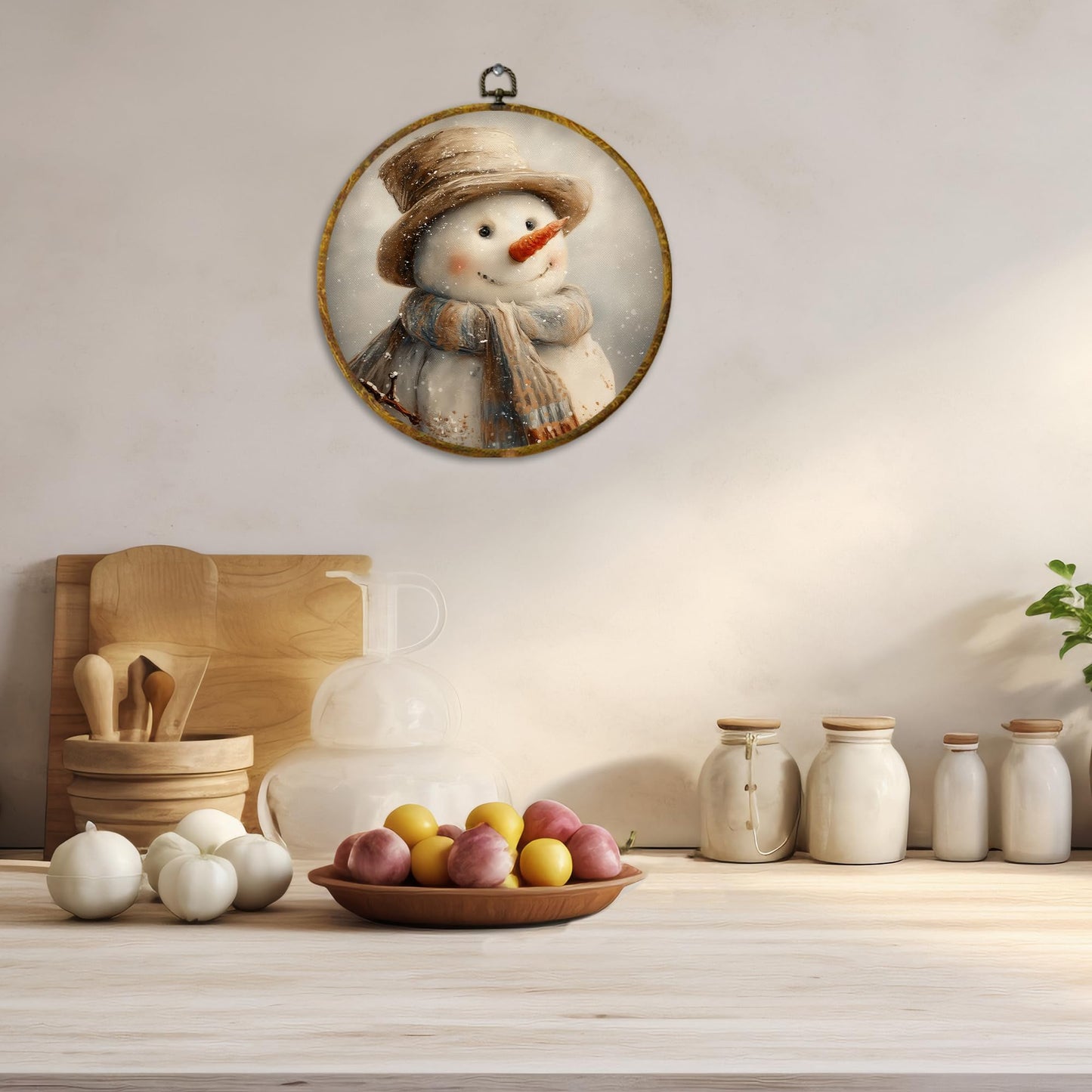 CUANFDDSF Rustic Christmas Snowman Round Wall Art, Christmas Winter Snowman Framed Hanging Wall Decor, Farmhouse Cozy Xmas Winter Canvas Prints Decorations for Home Bedroom Living Room, 10x10 Inch