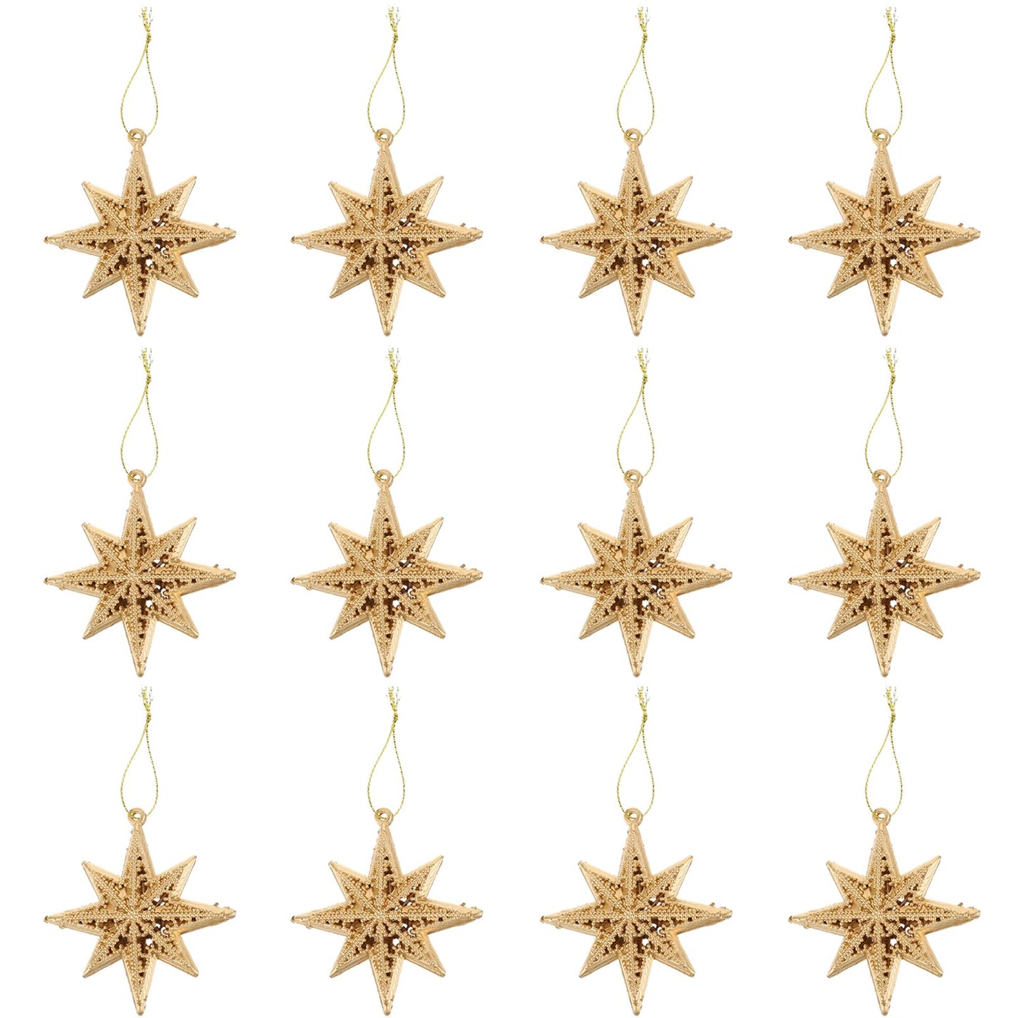 Garneck 12 Pcs Christmas Star Ornaments, Mini Eight-Pointed Star Pendants, Golden Plastic Decorations for Christmas Tree, 3.38 x 3.22 x 2.36 Inch