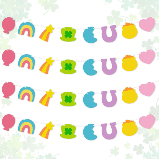 Qimgic St. Patrick's Day Banner - 4pcs Lucky Charms Hanging Garland Decoration, No DIY Needed Green Shamrock Clover Party Supplies Hang Paper Bunting for Home Classroom Fireplace Wall 8.5 Feet