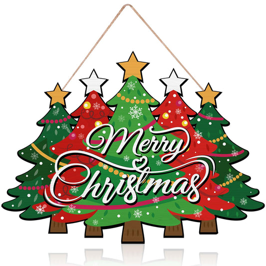 Merry Christmas Door Sign,Christmas Decor, Tree Wood, Decorations Hanging Sign,Merry Welcome Sign,Farmhouse Hanging Plaque Porch Xmas Front Outdoor Home Decor