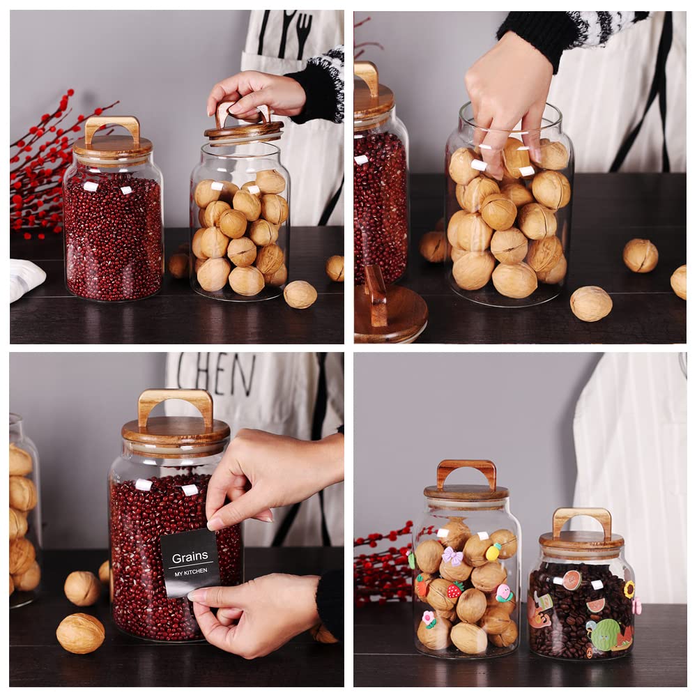 SAIOOL Canister Set of 2, Glass Kitchen Canisters with Airtight Acacia Lid, Tall Clear Airtight Food Storage Jar, Kitchen Pantry Storage Container for Noodles Flour Cereal Coffee