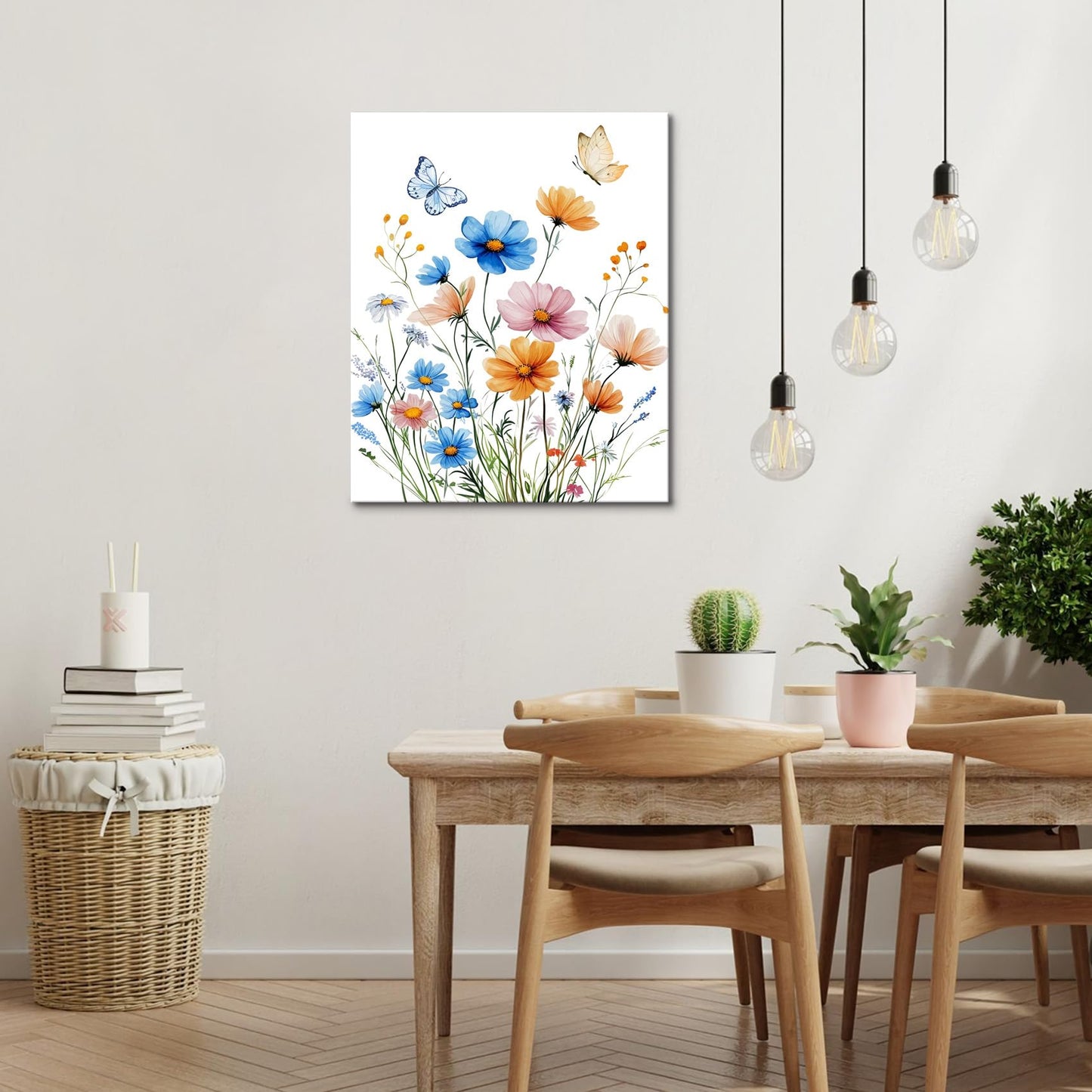 RASEONG Spring Floral Wall Art for Livingroom, Blue and Pink Flower Nature Plant Wall Decor Rustic Wildflower Wall Decor for Bathroom Office Bedroom, 12W x 16L Inches