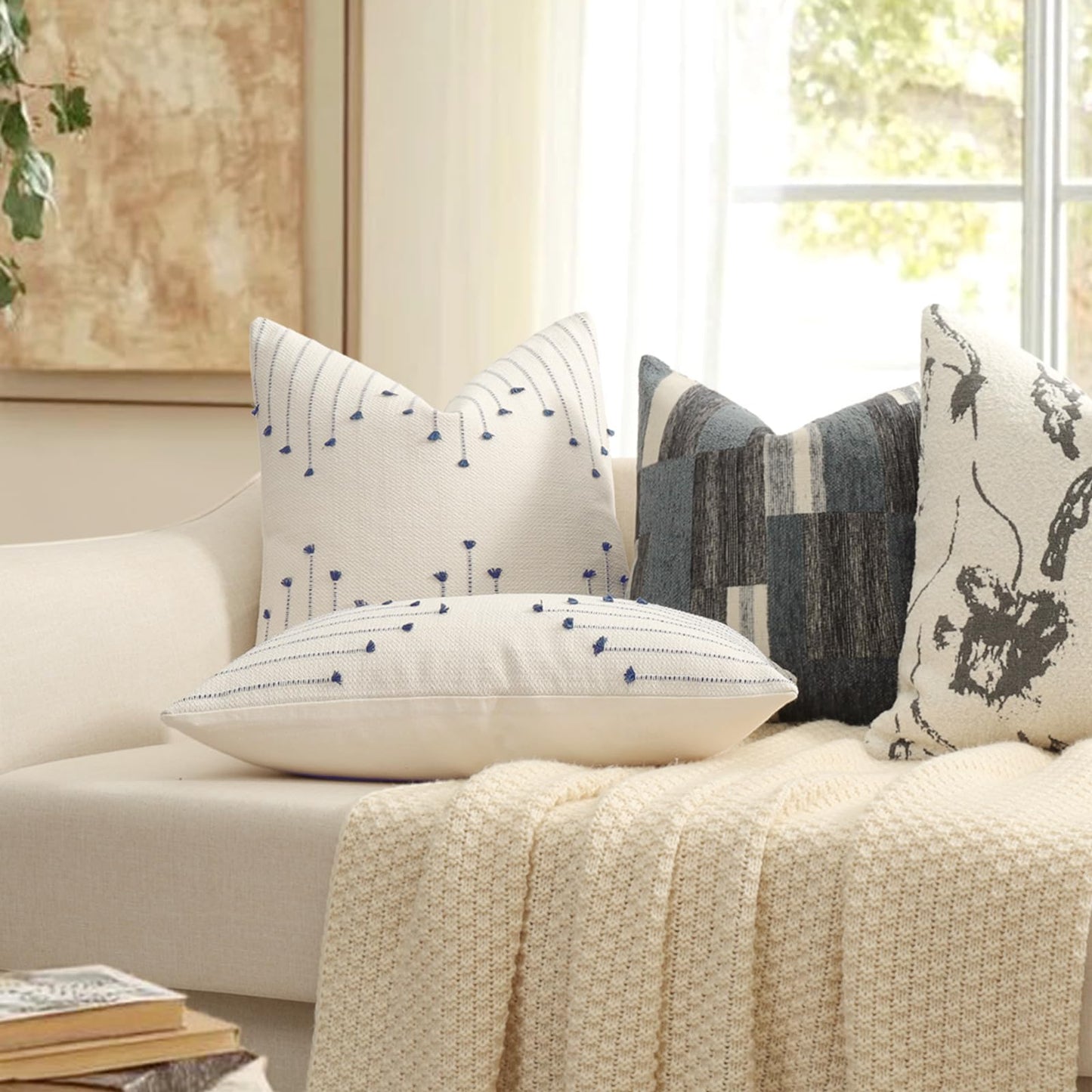 Boho Spring Throw Pillow Covers 18x18 Set of 2 Neutral Woven Decorative Pillowcases Cotton Tufted Couch Pillows Modern Farmhouse Cushion Covers for Sofa Couch Bed Living Room Home Decor, Navy Blue