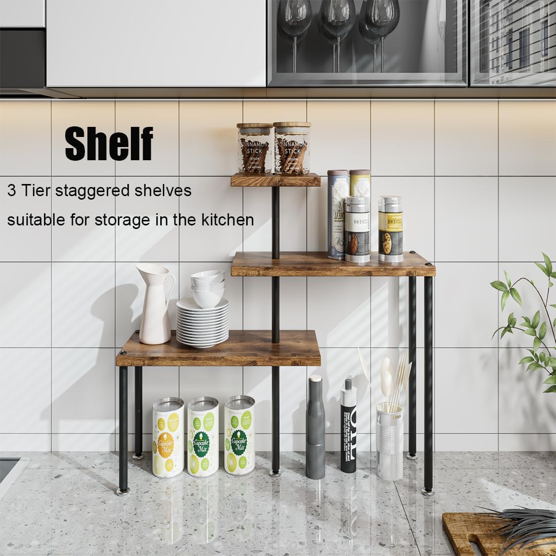 Dazioter Countertop Organizer Organization 3 Tier Kitchen Corner Shelves Adjustable Spice Storage Rack for Bathroom Coffee Area Over Sink (Black)