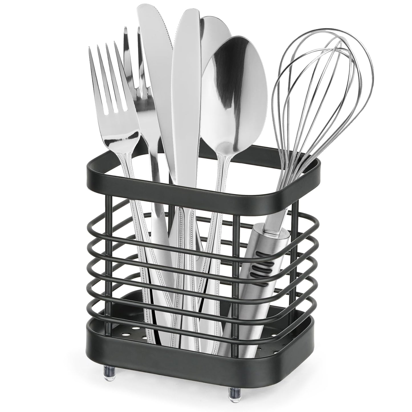 IWNTWY Utensil Holder, Stainless Steel Utensil Drying Rack for Kitchen Counter, Silverware Cutlery Flatware Holder Forks, Knives, Spoons, Chopsticks Organizer (Black)
