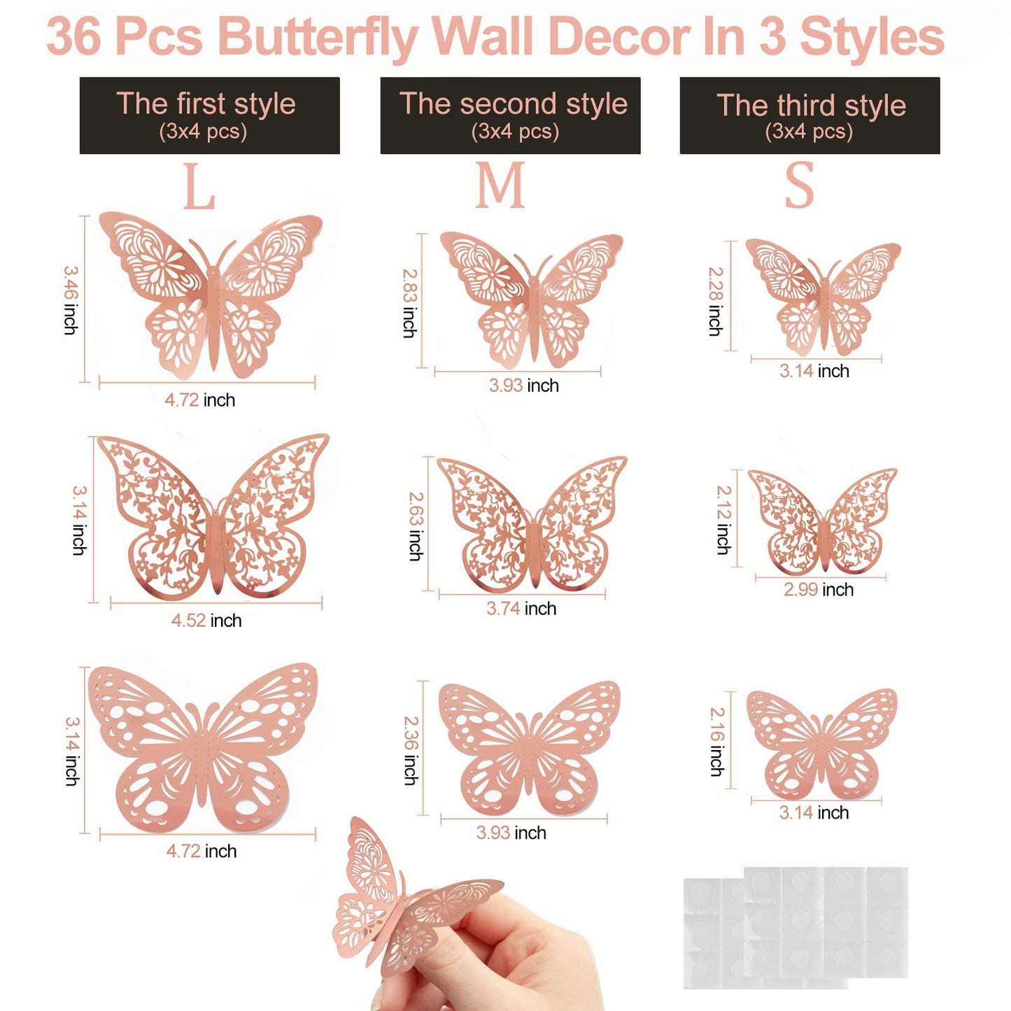 Nelotaor 36 Pcs Butterfly Wall Decor, 3 Styles 3 Sizes 3D Rose Gold Butterfly, Wedding & Birthday Party Decorations, Girls Bedroom Decoration