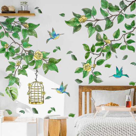 Amaonm Removable PVC Two Tree Branches With Green Leaves wall Sticker DIY Peel and Stick Flower and Birds Wall Decals Decor for Kids Girls Boys Bedroom Living Room Nursery Classroom Playroom Wall Background Decoration