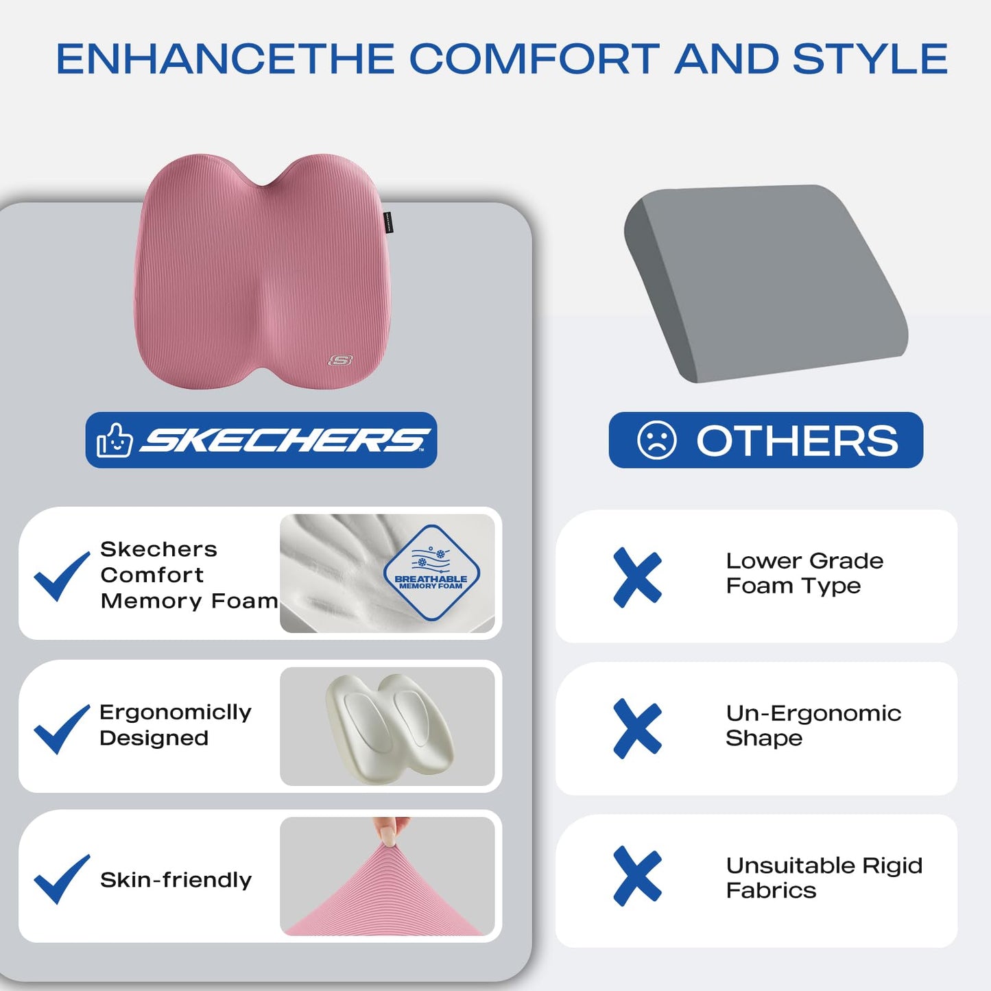 Skechers Seat Cushion, Ergonomic Memory Foam Cushion for Long Sitting Hours on Office & Home Chair, Car Seat Cushion for Sciatica, Coccyx Cushion,Pink