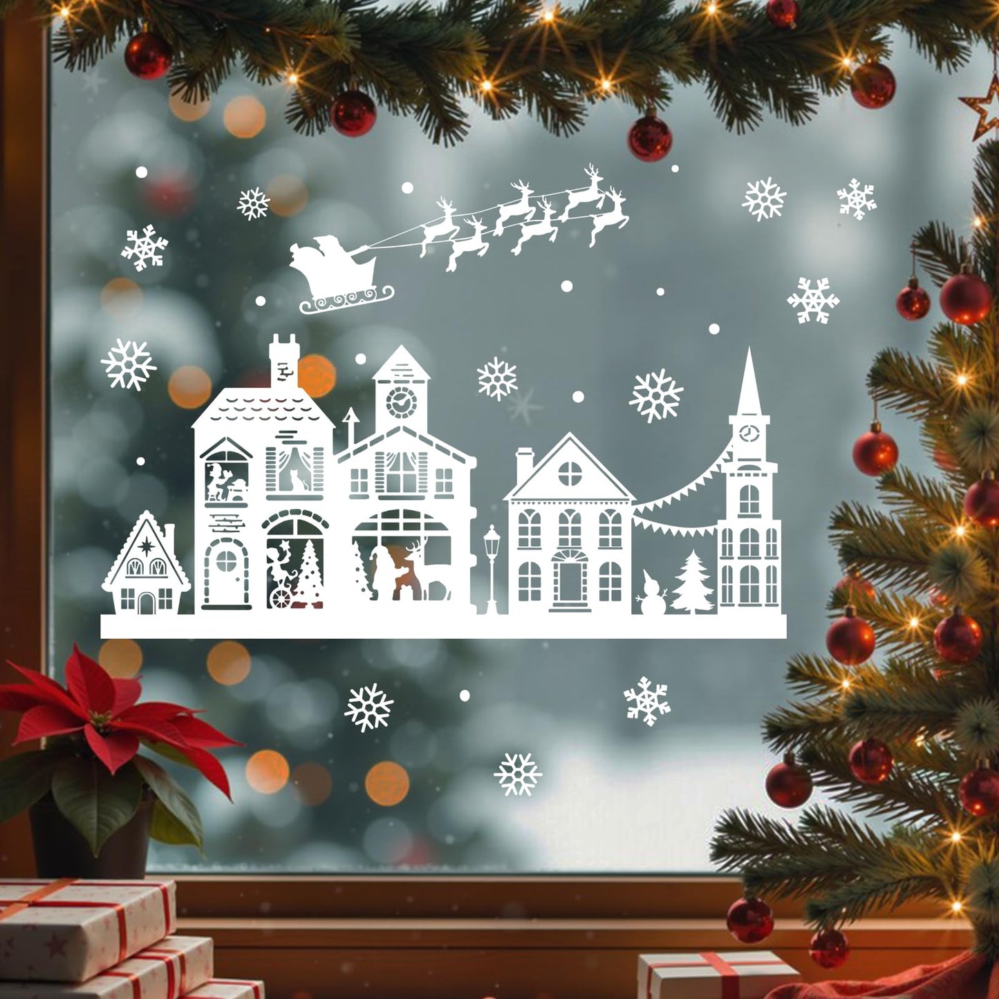 Mfault Christmas White House Window Clings, Xmas Santa Claus Reindeer Snowflake Stickers Decals Decorations, Snowy Winter Holiday Sleigh Home Kitchen Decor