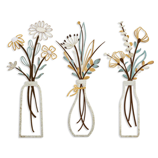 Pigort 3 Pieces Metal Flowers Wall Art- Rustic Farmhouse Decor Minimalist Decor for Living Room Bathroom Bedroom Dining Room, Housewarming Gifts Christmas Decoration(Beige, Vase-C)