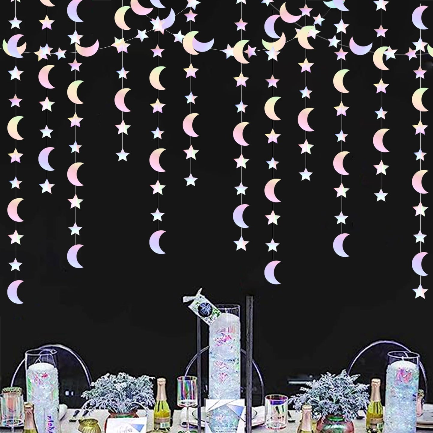 Iridescent Disco-Holographic Party-Decorations Moon-Star Garland - 62Ft Twinkle Little Star Hanging Neon Streamers Banner,Eid Ramadan Mubarak Decoration Birthday Wedding Baby Shower Decor Panduola