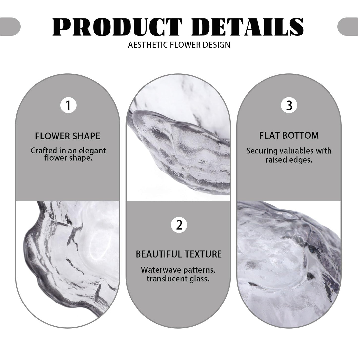 Sekonow 4 Pack Ring Dish Jewelry Tray, Small Glass Trinket Dish, Decorative Aesthetic Ring Holder Plate Bowl for Women Earring Bracelet for Vanity Nightstand (Crystal Grey)