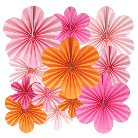BestoFun 12 PCS Paper Flowers Fans Pink and Orange Party Decorations Paper Flowers Decorations for Wall Girl Groovy Birthday Baby Shower Wedding Bachelorette Room Hanging Décor