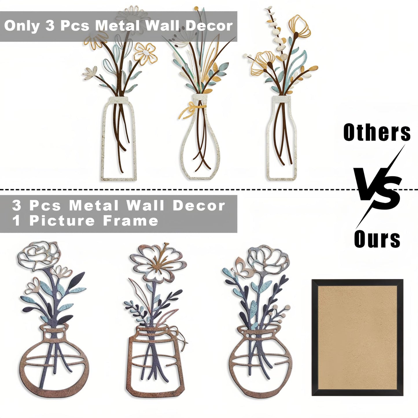 Lcaughsy Metal-Wall-Decor Living Room - 3 Pcs Metal Bathroom Wall Art Floral Vase and Picture Frame for Decoration- Hanging Display Wall Decor Art for Home Dining Room Bedroom Kitchen Farmhouse,Brown