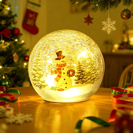 Christmas Decorations Indoor, Snowman Trees Decor Crackle Glass Ball with LED Lights for Home Decor,Home Table Mantel Decor for Christmas Festival, Battery Powered, 3.9"/10cm