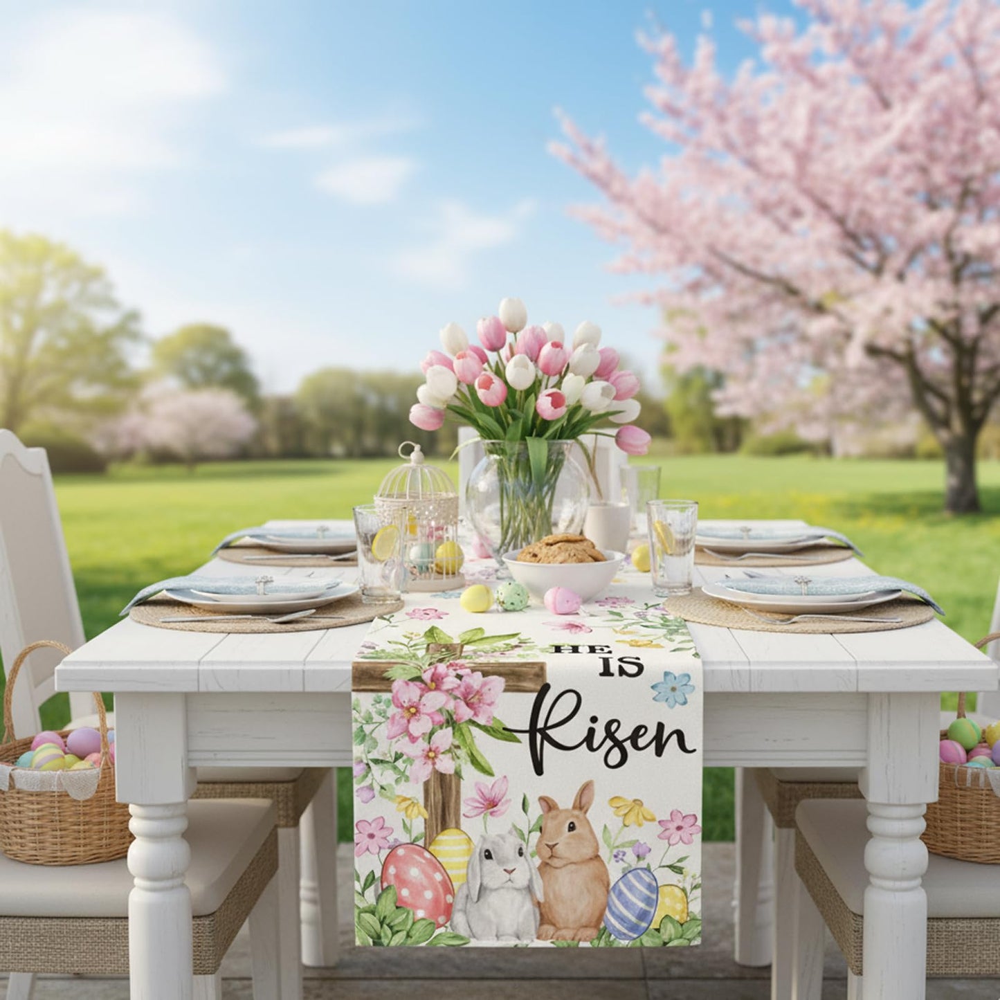 MIRJXB Easter Table Runner, Seasonal Spring Kitchen Dining Table Decoration, Holiday Party Table Setting for Home Decor, 1 Piece Table Runner for Family Gatherings
