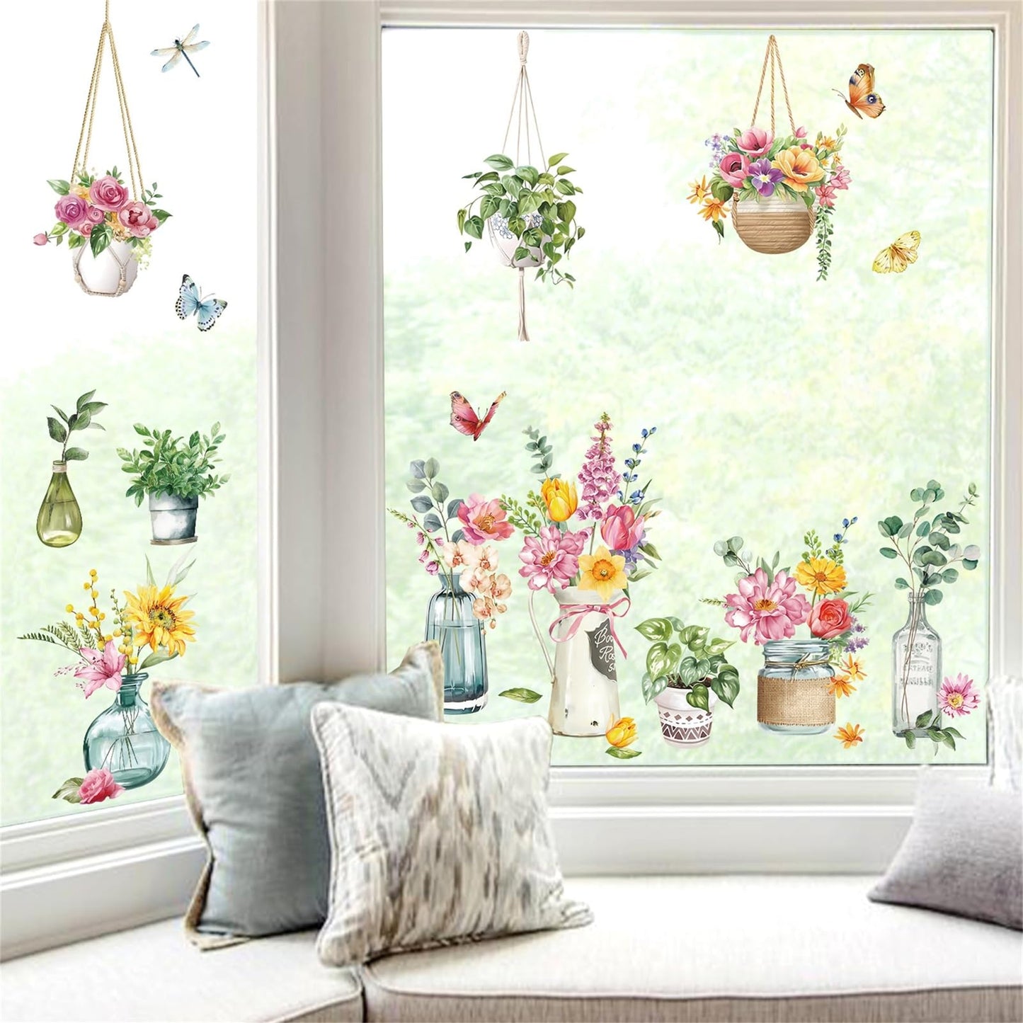 decalmile Potted Plants Window Clings Flowers Plants Easter Window Decals Anti-Collision Glass Doors Window Stickers