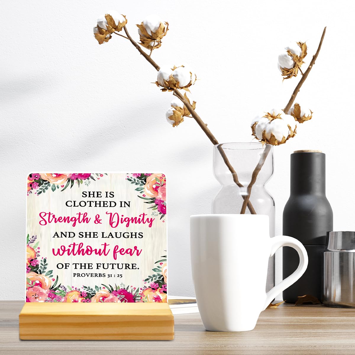 Christmas Gift For Women, Birthday Thanksgiving Christmas Gift, Acrylic Plaque With Wooden Stand Desk Decor, Proverbs 31:25 She Is Clothed In Strength And Dignity Sign