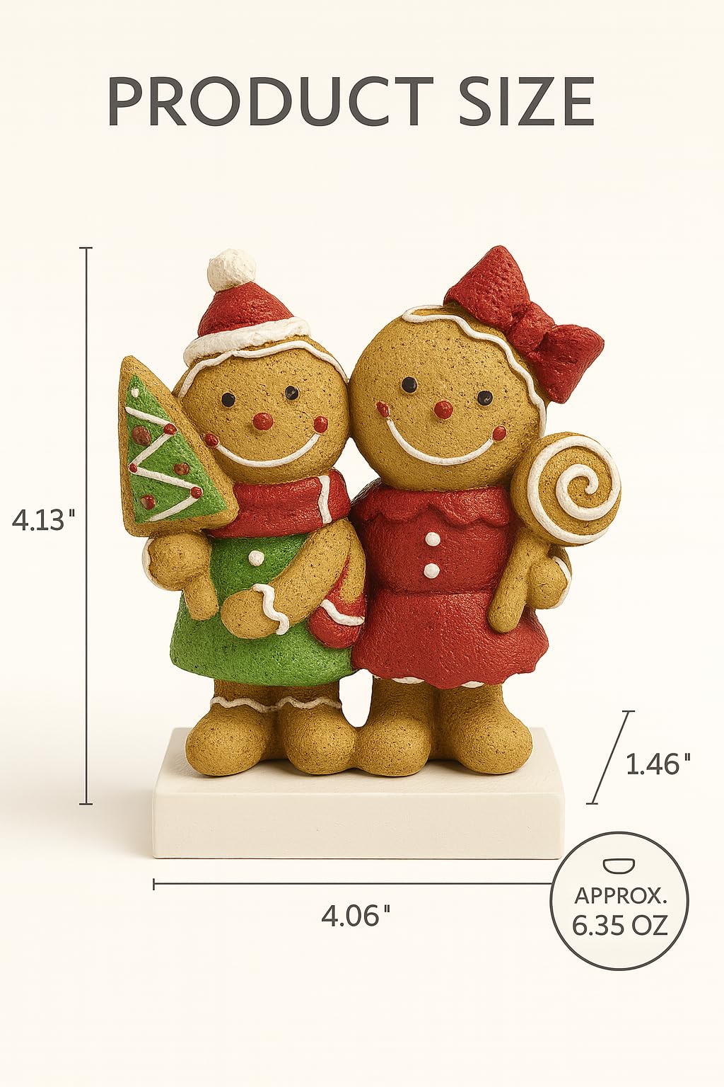 iStatue Christmas Gingerbread Couple Resin Figurine – Hand-Painted Holiday Décor, Boy with Tree Cookie & Girl with Bow and Swirl Lollipop, Tabletop/Mantel Accent (Brown Gingerbread)